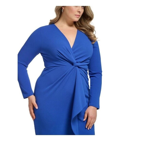 DKNY Women's Plus Size V-Neck Twist-Front Long-Sleeve Dress Royal Blue 20W - Picture 2 of 8